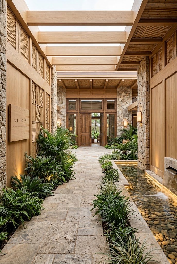 Entrada de Aura: pasillo de piedra bajo pérgola de madera, con plantas tropicales y un espejo de agua