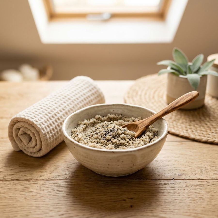 Cuenco de cerámica con exfoliante de sal y lavanda junto a una toalla de algodón