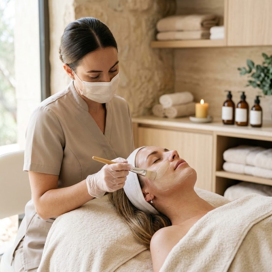 Terapeuta aplicando una mascarilla facial con brocha a una clienta recostada