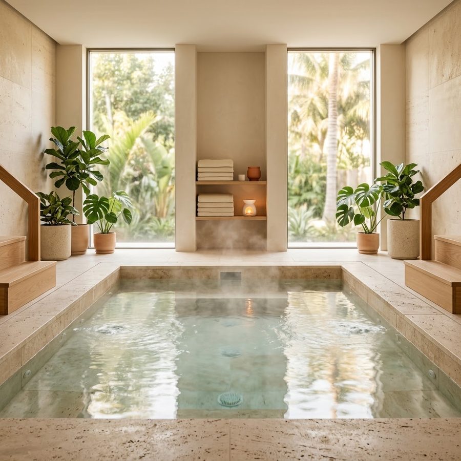 Piscina de hidroterapia templada con vapor, muros de travertino y ventanales al jardín