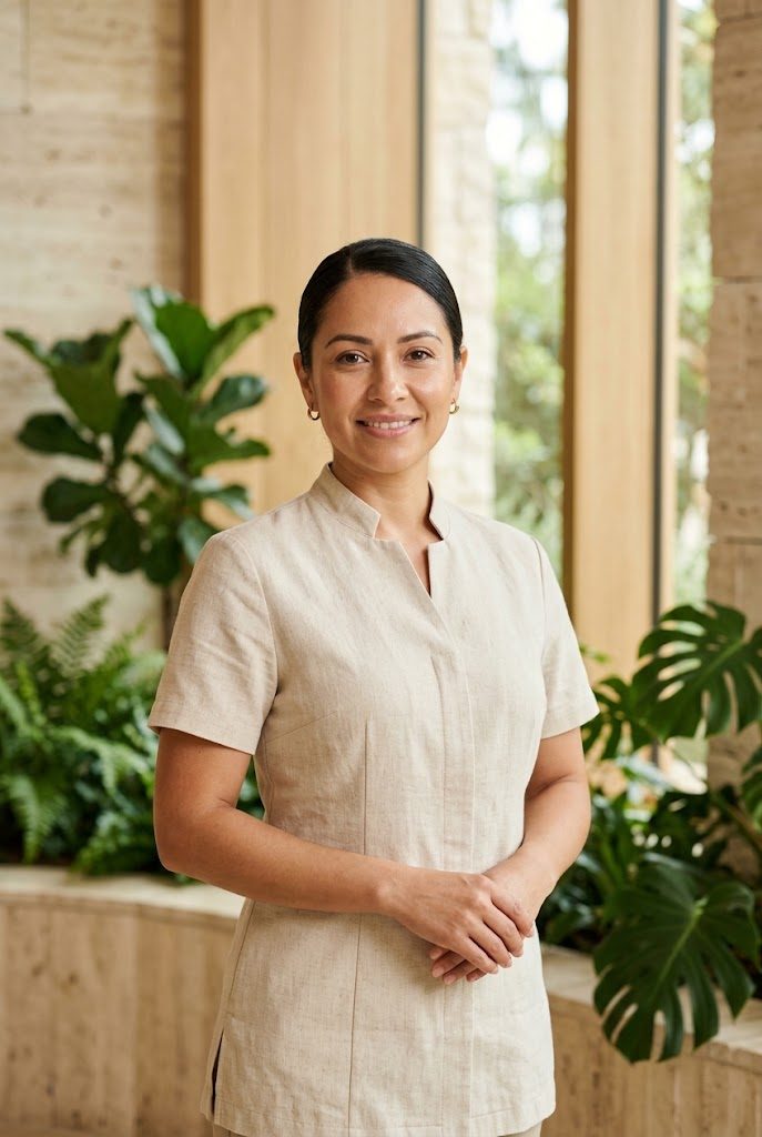 Retrato de Ana Lucía Sical, terapeuta principal de Aura, con uniforme de lino